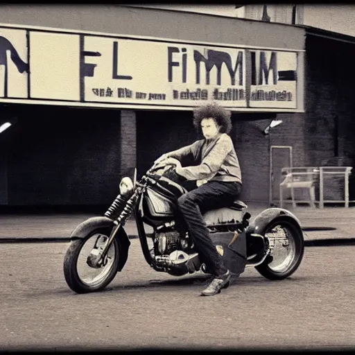 Image similar to bob dylan riding his motorcycle playing with his guitar in the fullham football club stadium, 4 k, high detail