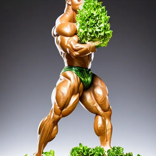 Image similar to sculpture of a bodybuilder made entirely from fresh lettuce, by antoni gaudi, studio lighting, 8 k, high quality, professional photography