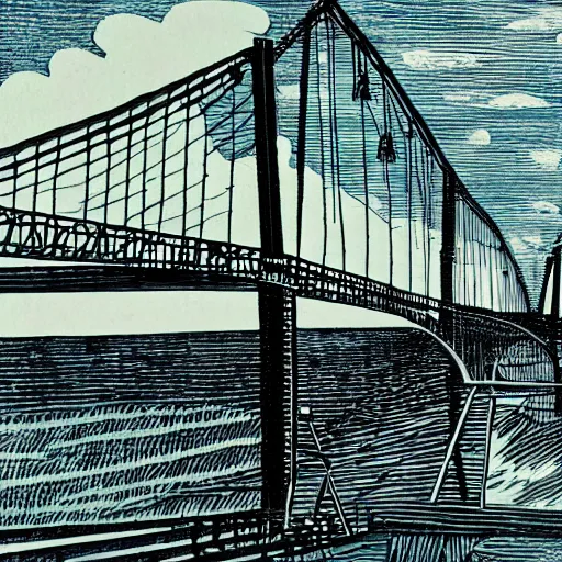 Image similar to small steel suspension bridge built in 1 9 2 8, side view, puffy clouds in background, woodcut style, 8 k