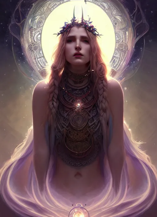 Image similar to a beautiful cinematic female druid goddess, galatic shamen with Quantum energy fantasy, fantasy magic, undercut hairstyle, dark light night, intricate, elegant, sharp focus, illustration, highly detailed, digital painting, concept art, matte, art by WLOP and Artgerm and Greg Rutkowski and Alphonse Mucha, masterpiece