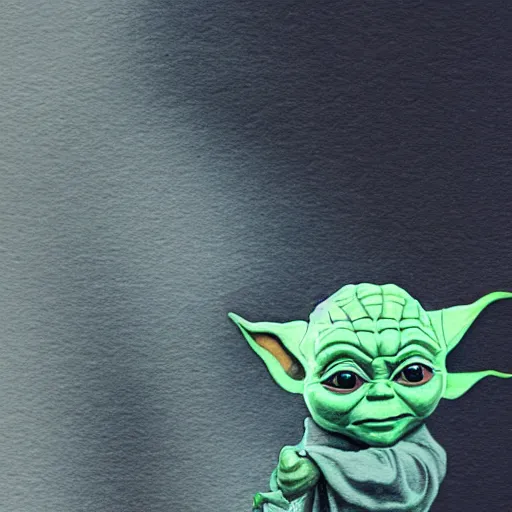 Image similar to view from above, medium - shot, baby yoda on a well lit path in a dimly lit forest, dramatic cloudy setting sun, watercolor and ink, muted color. minimalist, detailed ue 5