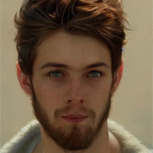 Prompt: Swedish 22 year old male with messy light brown hair and face stubble portrait art by Donato Giancola and Bayard Wu, digital art, trending on artstation, 4k