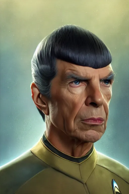 Image similar to photorealistic portrait photograph of spock as a glorious regal space king, sleek outfit, upper body, fantasy, handsome, depth of field, soft focus, highly detailed, intricate, realistic, national geographic cover, soft glow, textured, artstation, concept art, sharp focus, illustration, art by artgerm and greg rutkowski and alphonse mucha