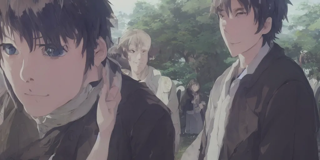 Image similar to a film still portrait of phil spencer, finely detailed features, closeup at the faces, perfect art, at an ancient city, gapmoe yandere grimdark, trending on pixiv fanbox, painted by greg rutkowski makoto shinkai takashi takeuchi studio ghibli, akihiko yoshida,