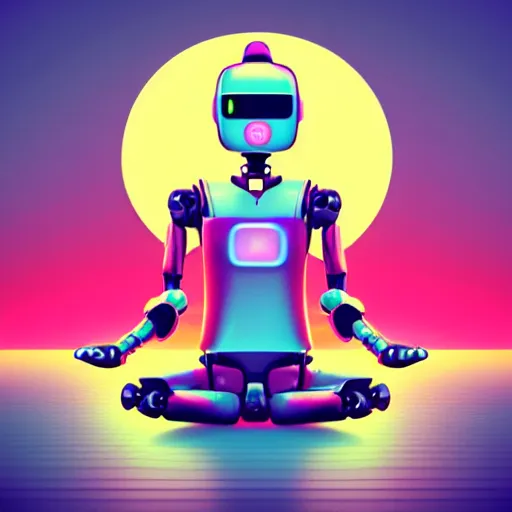 Prompt: meditating robot, peaceful background, stylized art, synthwave