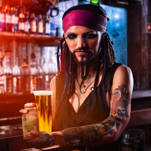 Image similar to a high quality portrait of a pirate bartender in a cyberpunk cyberpunk cyberpunk cafe, realism, 8k, award winning photo