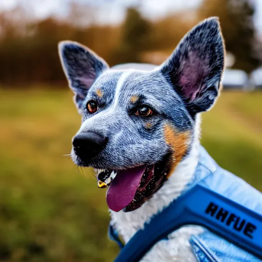 Image similar to blue heeler dog on a bike, 8 k photography, blurred background of a wafflehouse