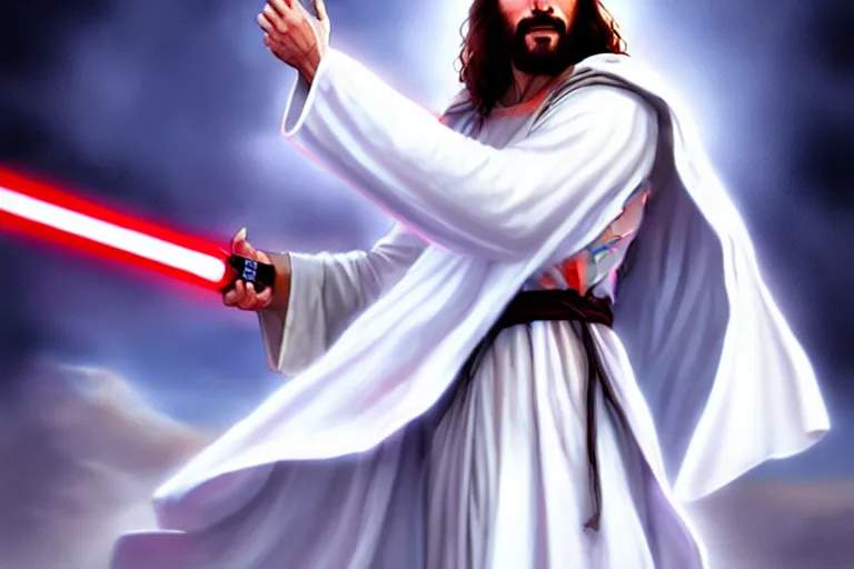 Prompt: jesus christ in a white robe striking sn action pose, jesus has a lightsaber ; art by artgerm ; digital art ; character art ;