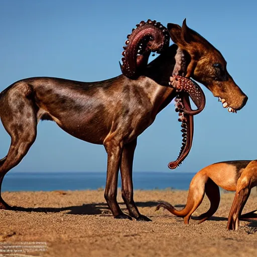 Image similar to National Geographic photo of horse full of octopus being eaten by African hunting dogs