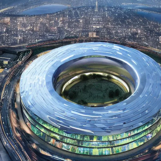 Image similar to The Apple Parc as a giant ring-shaped space station encircling a modern city floating above the city, the ring is horizontal, surrounding the city, cinematic