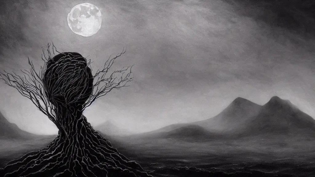 Prompt: the unknown place beyond the sea, ethereal world of dead oceans and burning mountains, under a pale dead moon, reds and blues and greys, a lifeless dried husk of a world, folk horror, dramatic dark eerie lighting, horrific surreal nightmare, 8k resolution artwork, horror art, eerie, creepy, trending on artstation, painting, elaborate excellent painted illustration, smooth, sharp focus