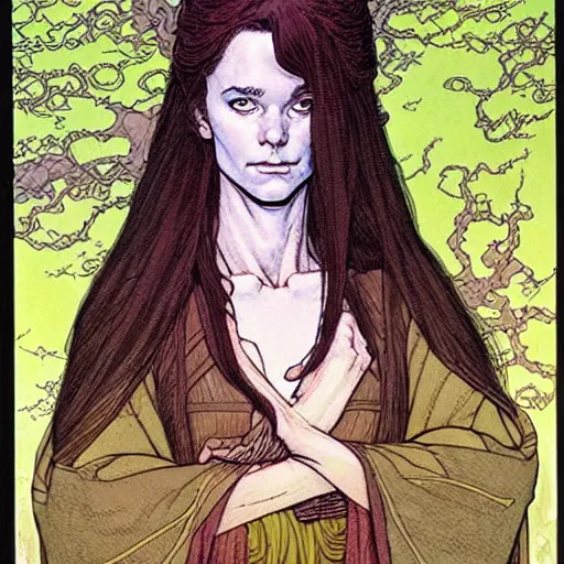 Image similar to a beautiful portrait of sanna!!!!! marin!!!!!, the young female prime minister of finland as a druidic wizard by rebecca guay, michael kaluta, charles vess and jean moebius giraud