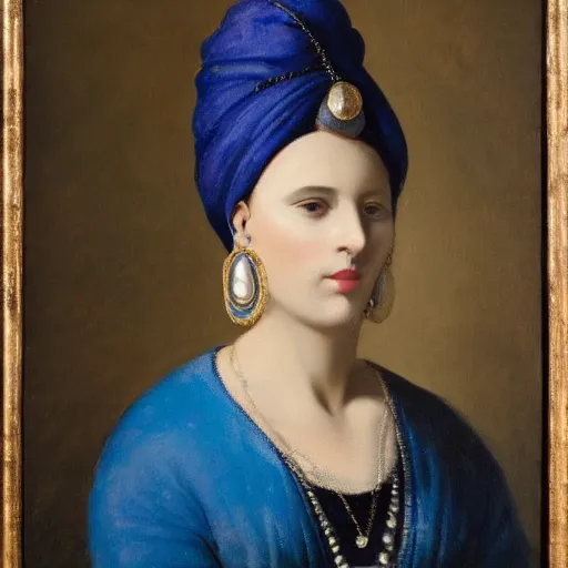 Image similar to a painting of a young woman wearing a blue and white turban. the woman is looking to the side with a soft expression, and her earring is a large, shining pearl. the background is a dark space, and the light is shining on the woman from the front, creating a halo - like effect around her head.