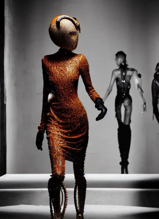 Prompt: walking down the catwalk, steven klein, ben watts, show, stage, vogue photo, podium, fashion show photo, iris van herpen baroque dress, beautiful woman, perfect body, full body shot, helmet on face, masterpiece, guyver, biomechanical details, denis villeneuve, movie still, fauvism, cinestill, bokeh