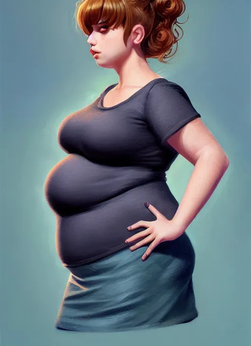 Image similar to full body portrait of teenage betty cooper, obese, bangs, ponytail, sultry, realistic, sultry smirk, ponytail hairstyle, fluffy bangs, curly bangs, skirt, fat, belly, intricate, elegant, highly detailed, digital painting, artstation, concept art, smooth, sharp focus, illustration, art by wlop, mars ravelo and greg rutkowski