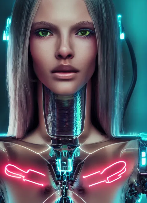 Image similar to photorealistic detailed full body picture of a female cyborg, pretty face with arms and legs, glamour pose, long hair, neon lights, humanoid, extreme, uhdr, book called the most influental cyborg in 2 0 5 0, fine details, highly detailed, intricate, smooth sharp focus, symmetrical features, environmental portrait