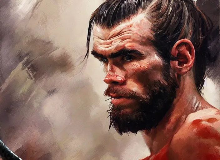 Image similar to a highly detailed beautiful portrait of gareth bale as kratos, by gregory manchess, james gurney, james jean