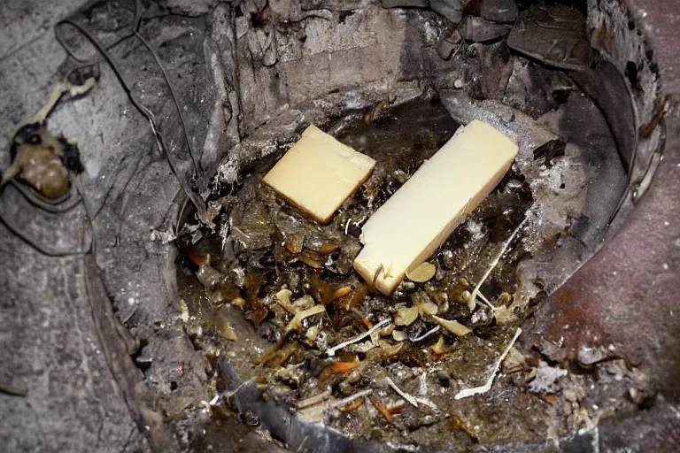 Image similar to a mutant disgusting rat eating cheese in a sewer, photograph, terror, horror, mutant,