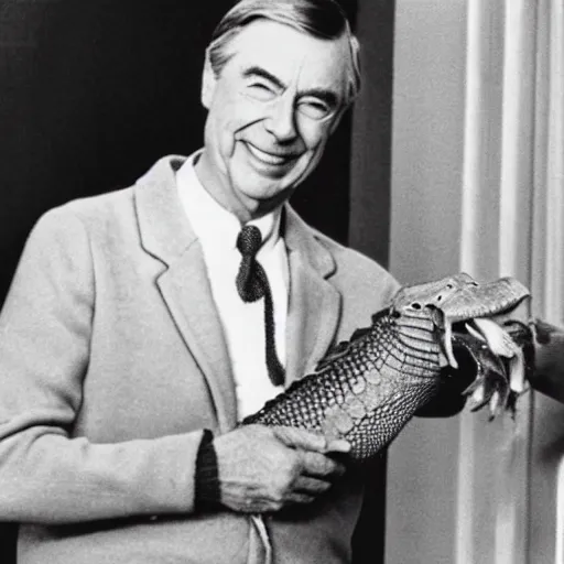 Prompt: mr. rogers proudly displaying a skinned alligator. 1 9 7 0 s color photo.