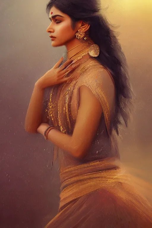 Prompt: beautiful young Indian woman in a dress, full body photo, intricate, elegant, volumetric lighting, scenery, digital painting, highly detailed, artstation, sharp focus, illustration, concept art, ruan jia, steve mccurry and Irakli Nadar