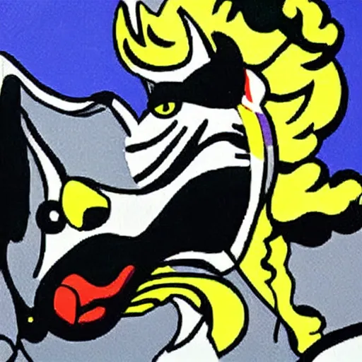 Image similar to Painting by Roy Lichtenstein of a german shepherd riding a horse 8k