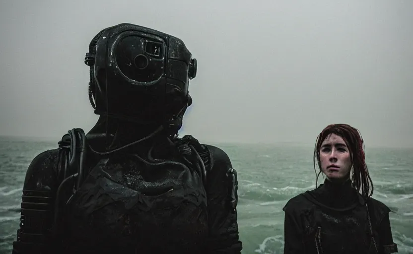 Prompt: cinestill 5 0 d candid photographic portrait by helen levitt of two loving female androids wearing rugged black mesh techwear in treacherous waters, extreme closeup, modern cyberpunk moody emotional cinematic dark, dust storm, 8 k, hd, high resolution, 3 5 mm, f / 3 2, ultra realistic faces, ex machina