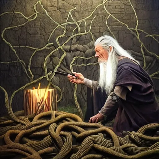 Image similar to the evil ian mckellen smithing on an anvil as gandalf in a dark viking hood playing odin all father crafting the plant of life with vines on an anvil, highly detailed, cinematic shot, cinematic lighting, 8 k, exquisit facial detail, painting by artemisia gentileschi, chiaroscuro, dark painting.