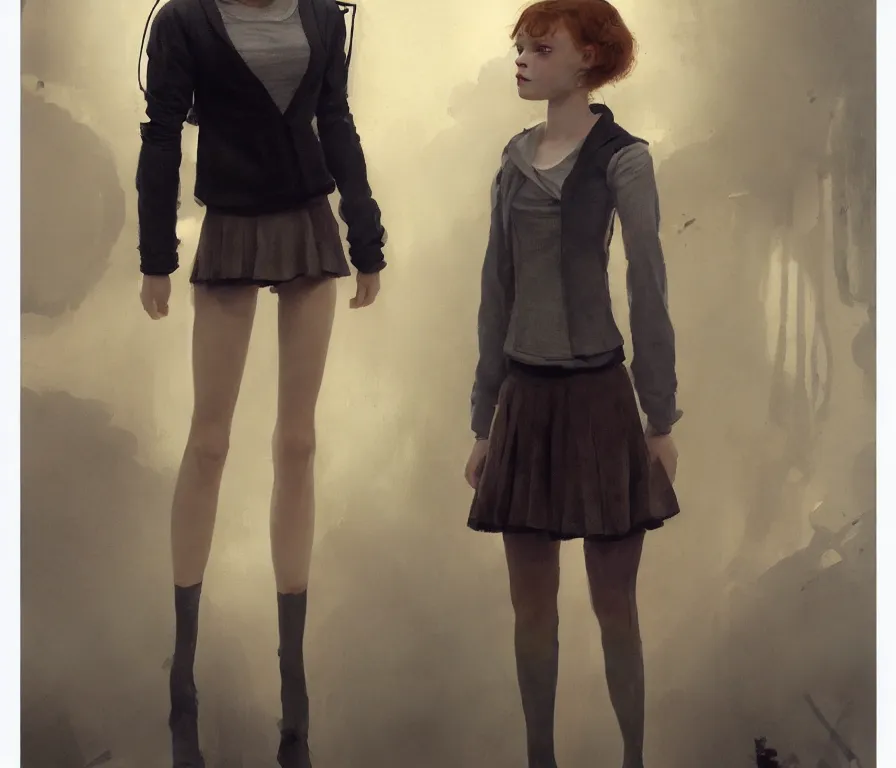 Prompt: sadie sink in her dad's cardigan and girly miniskirt : costume concept for a scifi cyberpunk film. by greg rutkowski, john j. park, jason chan, noah bradley, feng zhu, gintas galvanauskas, gustave courbet, rosa bonheur, edward hopper. sharp focus, cinematic atmosphere, detailed and intricate, perfect anatomy