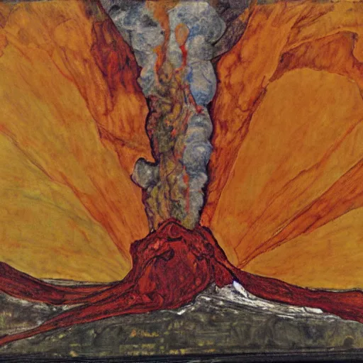 Prompt: painting of an erupting volcano in the style of egon schiele