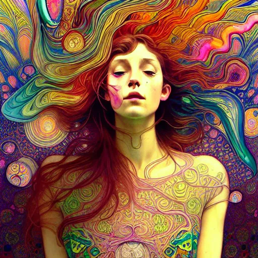 Image similar to A girl having an extremely colorful psychedelic experience, warping time and space, magic mushrooms, psilocybin, LSD, face, detailed, intricate, elegant, highly detailed, digital painting, artstation, concept art, smooth, sharp focus, illustration, art by Krenz Cushart and Artem Demura and alphonse mucha