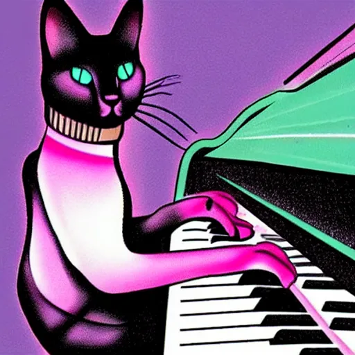 Prompt: synthwave cat playing piano