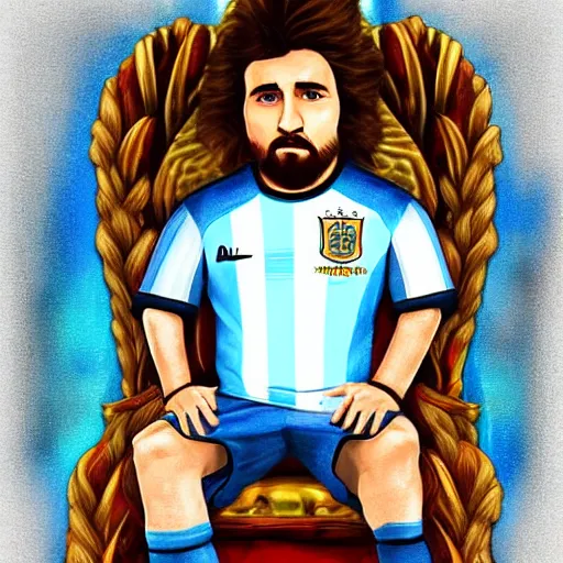 Image similar to dwarf messi sitting on a throne with argentina shirt, digital drawing, fantasy