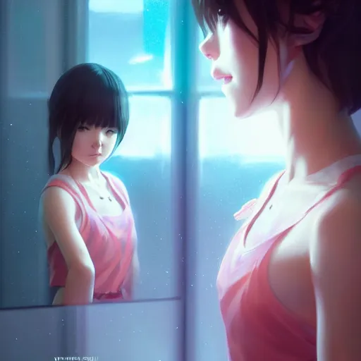 Image similar to very small little girl by ross tran, touching their reflection in the mirror sana takeda, rtx reflections, very high intricate details, digital anime art by artgerm, medium shot, mid - shot, composition by ilya kuvshinov, lighting by greg rutkowski