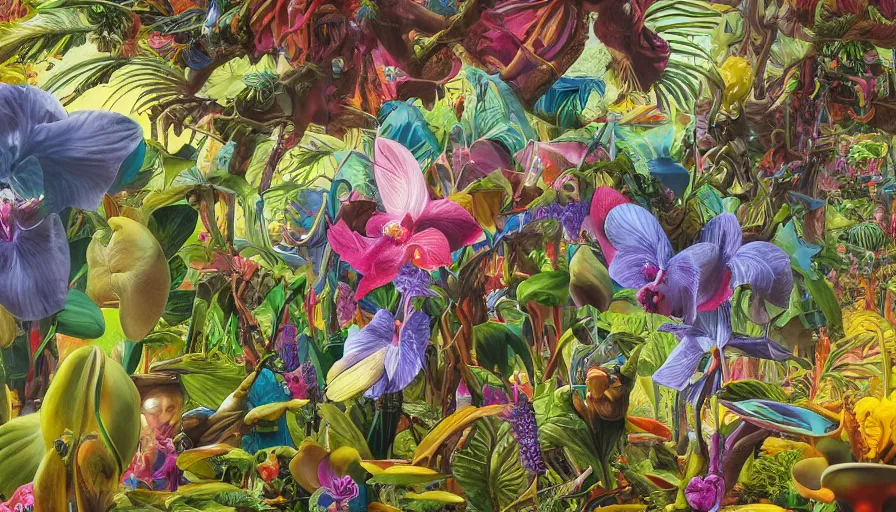 Prompt: 3 d natural amazonian psychedelic harvested orchids by kaws, james jean and salvador dali and shusei nagaoka, textured oil on canvas, extremely detailed surrealism, neoclassicism, renaissance, depth of field, hyper realistic, cell shaded, metallic reflections, physically based rendering, 8 k