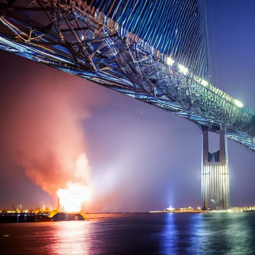 Prompt: Crimean bridge explosions, dslr, photojournalism, award winning photo, shot on Leica, copyright by New York Times, volumetric lighting