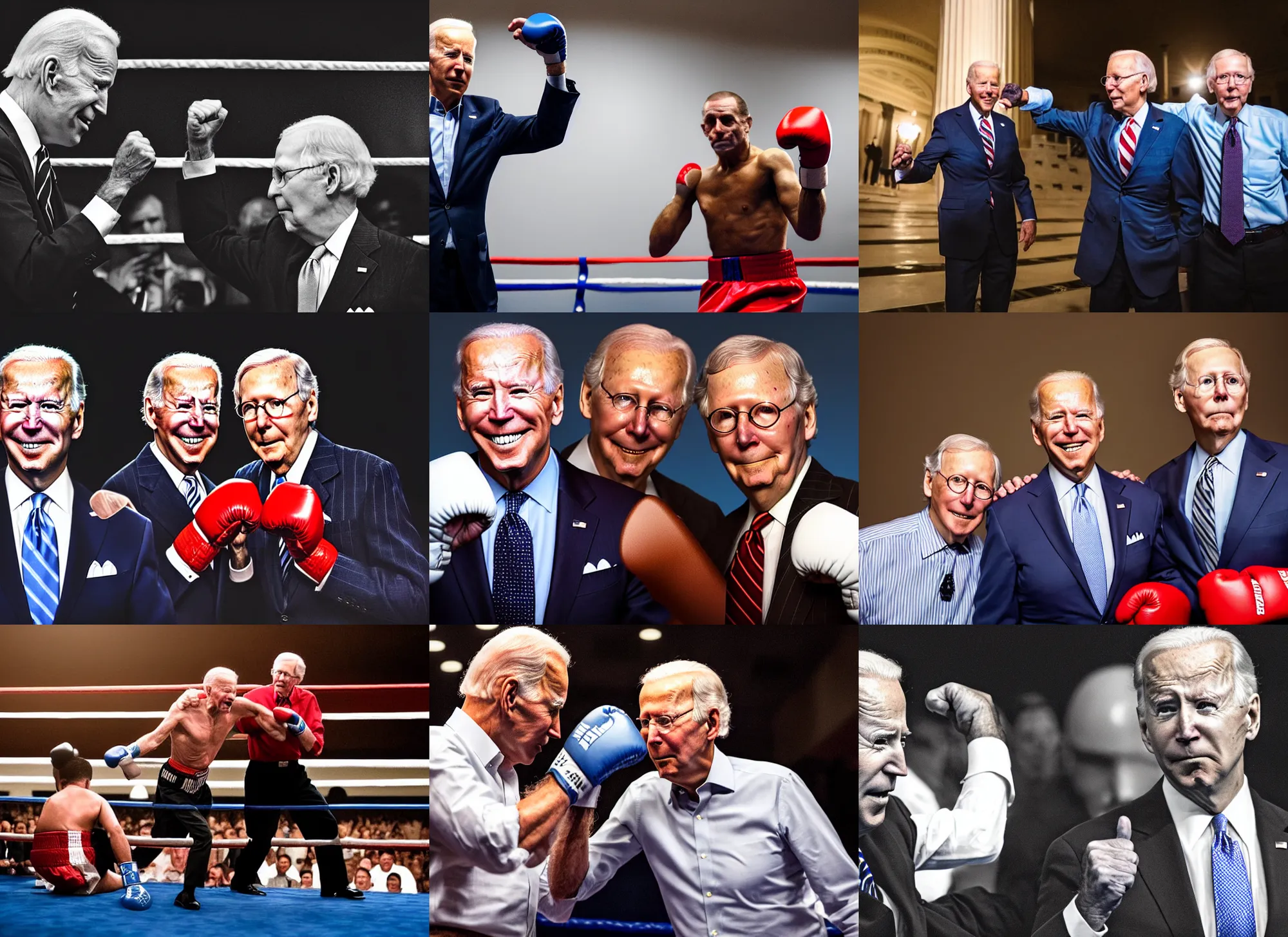 Prompt: portrait photo of joe biden in a boxing match with a bloody mitch mcconnell on the steps to the capitol, dim studio lighting, ( ( photograph ) ), moody, realistic, detailed, low light, skin tinted a warm tone, light blue filter