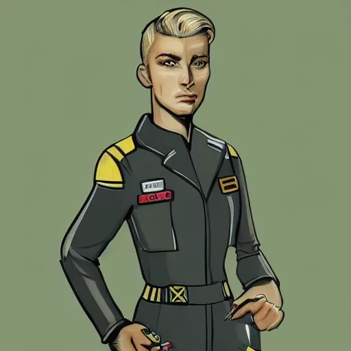 Image similar to character concept art of heroic stoic emotionless butch blond handsome woman engineer with very short slicked - back butch hair, narrow eyes, wearing atompunk jumpsuit, retrofuture, science fiction, illustration, pulp sci fi, digital art