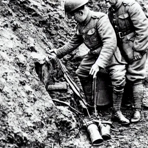 Image similar to ww 1, in the trenches. two soldiers fixing a telegraphy line while their corps is under attack