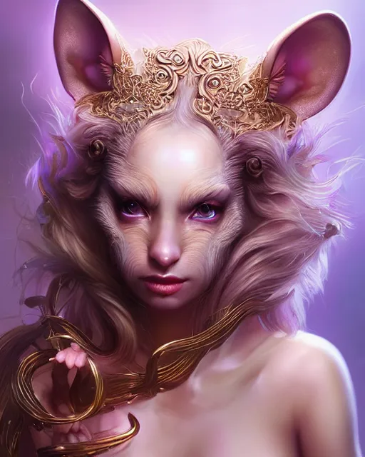 Prompt: cute female woman rat chimera of iridescent liquid, alchemy, shiny plastic, intricate, bloom, detailed, volumetric lighting, sharp focus, photorealism, digital painting, highly detailed, concept art, by by artgerm and wlop