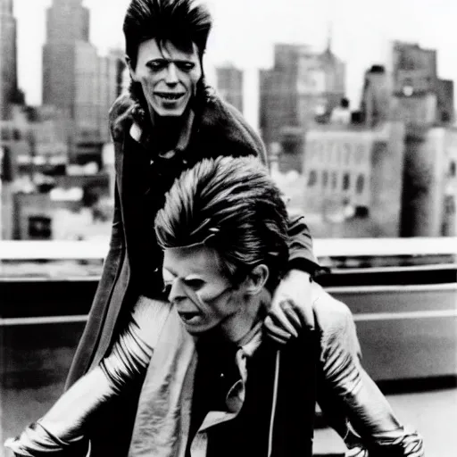 Image similar to david bowie from changes giving a piggy back ride to ziggy stardust. as a photograph with new york in the background