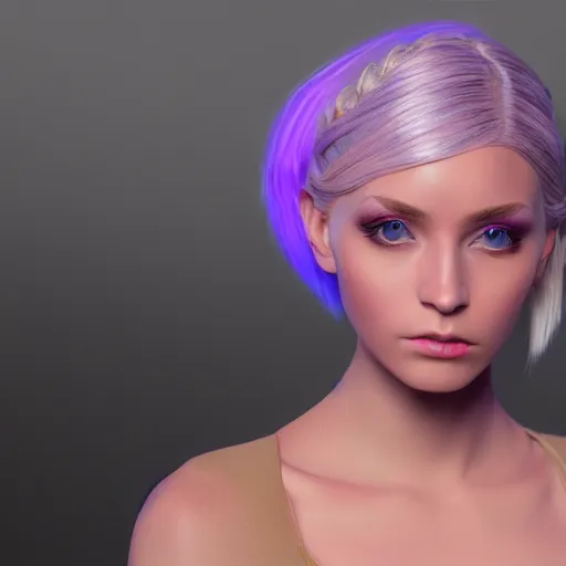 Prompt: Render of an ethereal beautiful 3d young woman with platinum blonde hair, elegant fantasy style braids, with vivid purple eyes, serious and stern expression, golden hour, mid-shot, medium shot, hyperdetailed, trending on Artstation, Unreal Engine 4k