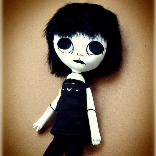 Image similar to Cute emo doll, black line art, in style of Tim Burton