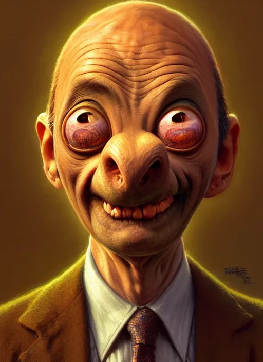 Image similar to anthropomorphic highly detailed group portrait of funny mr bean neon giant cute eyes hermit, intricate, elegant, digital painting, artstation, concept art, smooth, sharp focus, illustration, art by artgerm, bob eggleton, michael whelan, stephen hickman, richard corben, wayne barlowe, greg rutkowski, alphonse mucha, 8 k