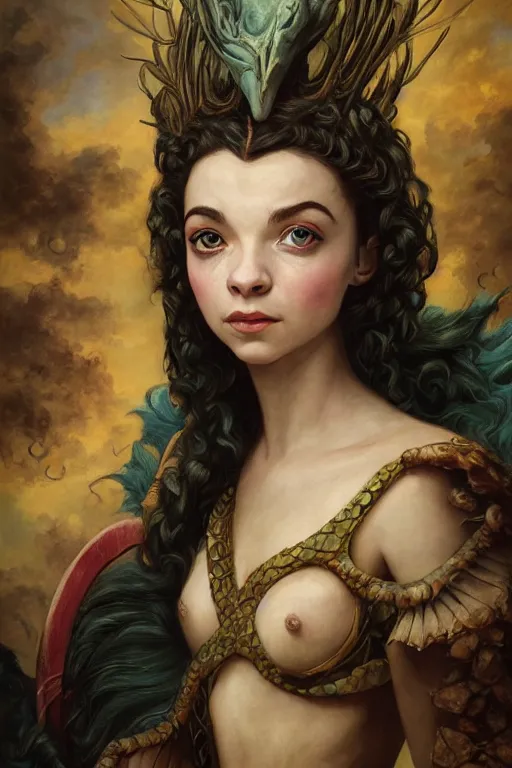 Image similar to A fantasy comic book style portrait painting of Anya Taylor-Joy, Joey King, as an Atlantean Reptilian Warrior, François Boucher, Oil Painting, Mystical Valkyrie, unreal 5, DAZ, hyperrealistic, octane render, Regal, Refined, Detailed Digital Art, RPG portrait, William-Adolphe Bouguereau, Michael Cheval, Walt Disney (1937), Steampunk, dynamic lighting, Highly Detailed, Cinematic Lighting, Unreal Engine, 8k, HD