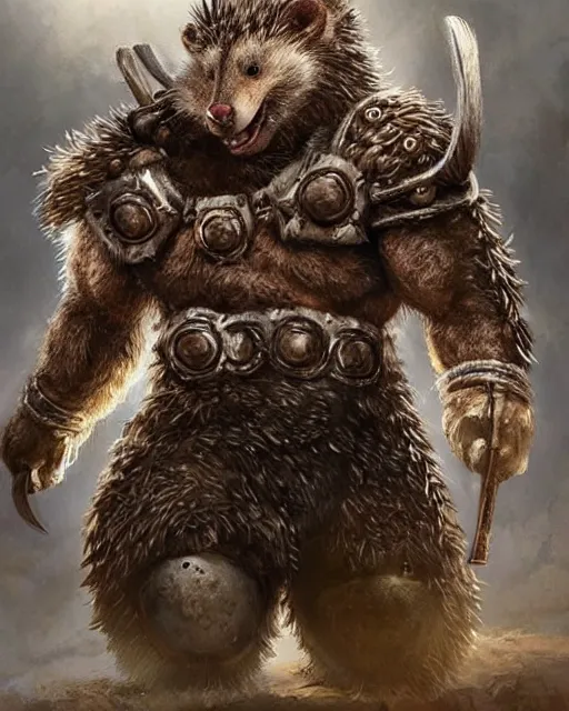 Image similar to anthropomorphic rugged hedgehog!!! with furry!! oversized barbarian muscular armored upper body, action battle pose,long hair, 👅 👅 , D&D, fantasy, intricate, elegant, highly detailed, digital painting, artstation, concept art, smooth, sharp focus, illustration, art by artgerm and beeple and greg rutkowski and alphonse mucha