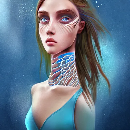 Image similar to a beautiful aquatic humanoid, gorgeous person with gills on their neck and fin - like ears, fish gills on neck, large eyed glamor woman, digital painting