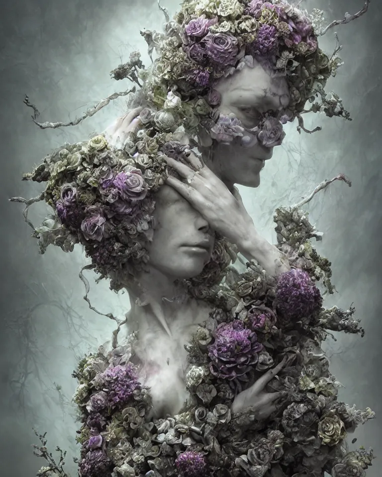 Image similar to portrait of a gothic cemetery statue made of mist and flowers breaking apart and mutating into mist, cosmic horror, Andrew Ferez, Charlie Bowater, Marco Mazzoni, Seb McKinnon, Ryohei Hase, Alberto Seveso, Kim Keever, trending on cgsociety, featured on zbrush central, new sculpture, mystical