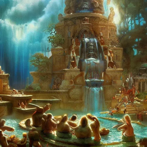 Prompt: ancient sacred godly waterpark painting by brain froud, charles vess, cinematic lighting, epic composition, highly detailed