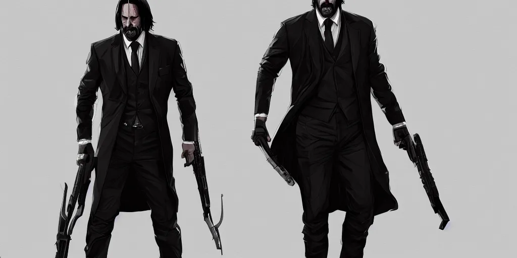 Image similar to john wick, character sheet, concept design, contrast, kim jung gi, greg rutkowski, zabrocki, karlkka, jayison devadas, trending on artstation, 8 k, ultra wide angle, pincushion lens effect