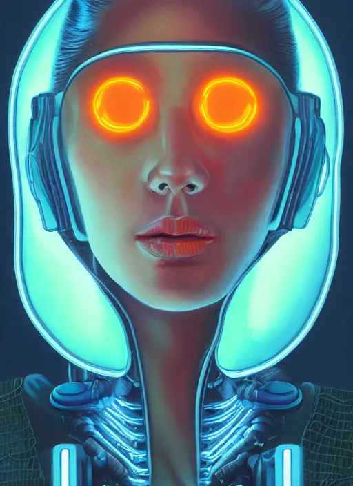 Image similar to portrait of a cyborg humanoid girl with mechanical and electronic element, denim jacket surrounded by neon light, Michael Whelan and Tristan Eaton, highly detailed, trending on artstation